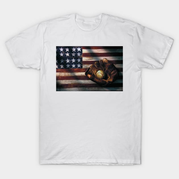 Folk art American flag and baseball mitt T-Shirt by photogarry